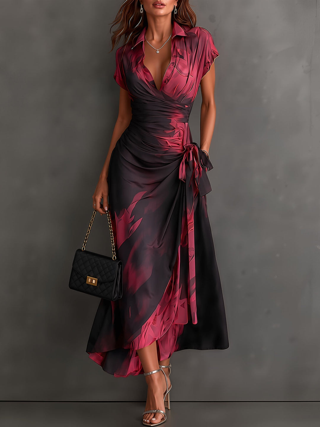 Saffron abstract print collared wrap maxi dress in red and black, with tie waist and ruffled high-low hem
