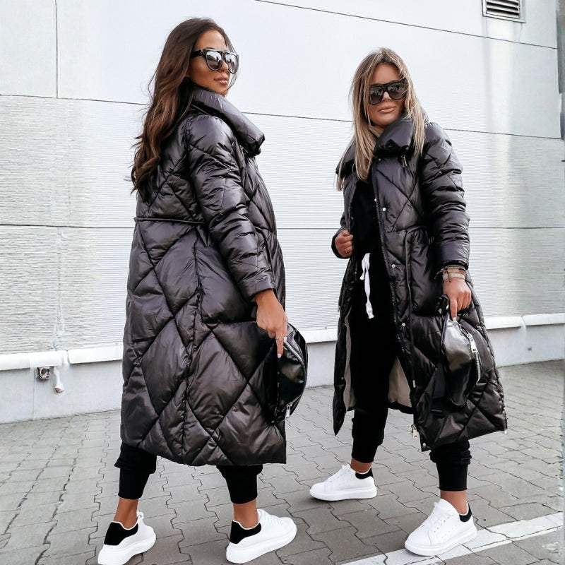 Elsa - Women's Long Quilted Coat with High Collar & Zip