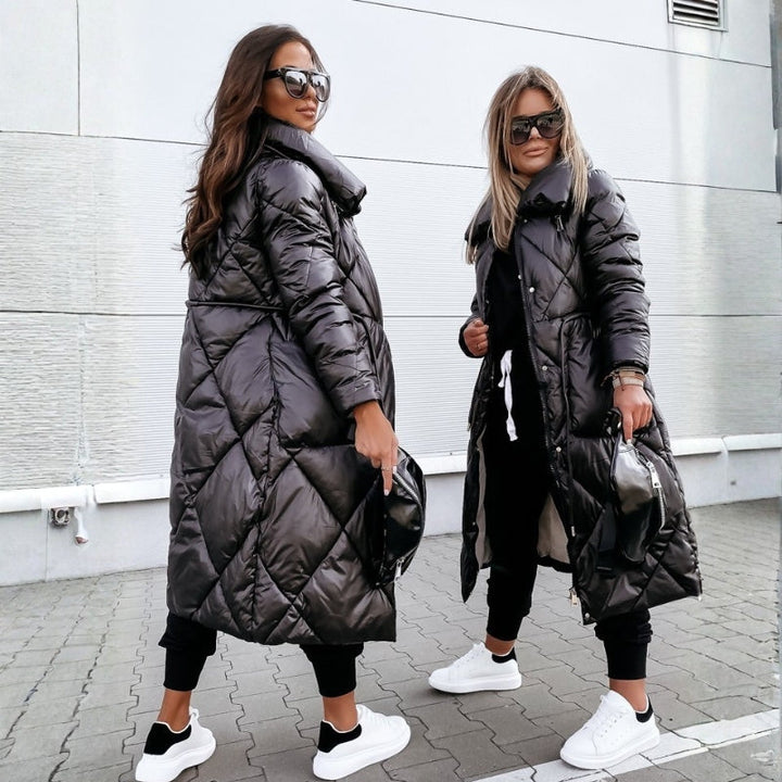 Elsa - Women's Long Quilted Coat with High Collar & Zip