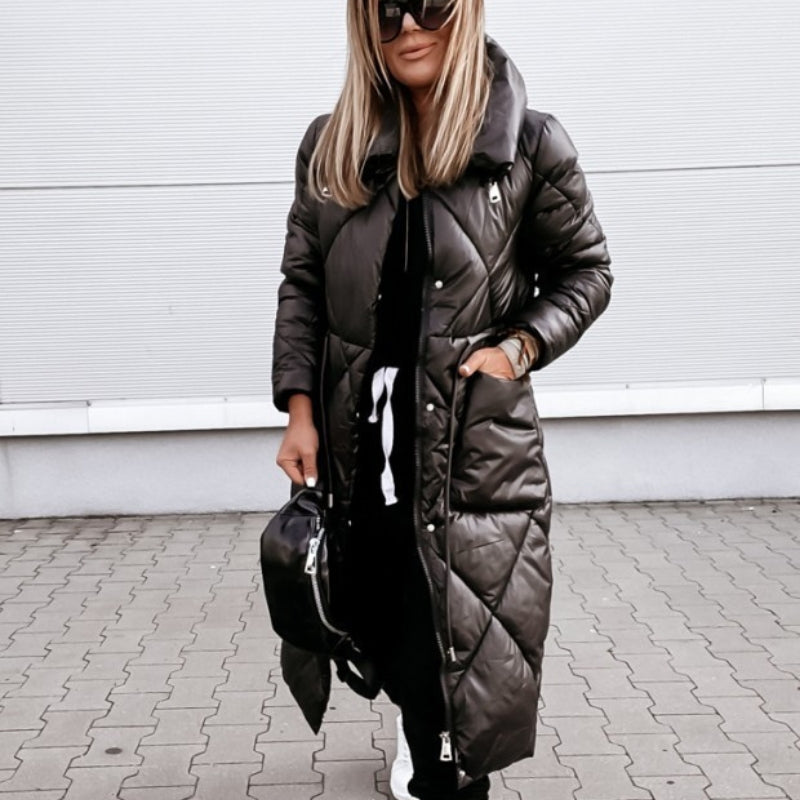 Elsa - Women's Long Quilted Coat with High Collar & Zip