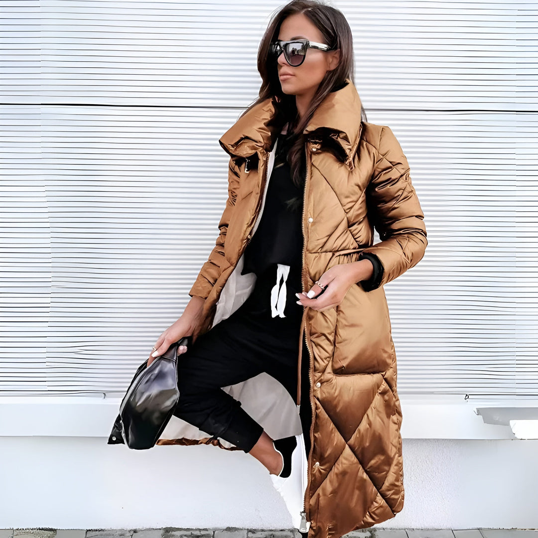 Elsa - Women's Long Quilted Coat with High Collar & Zip