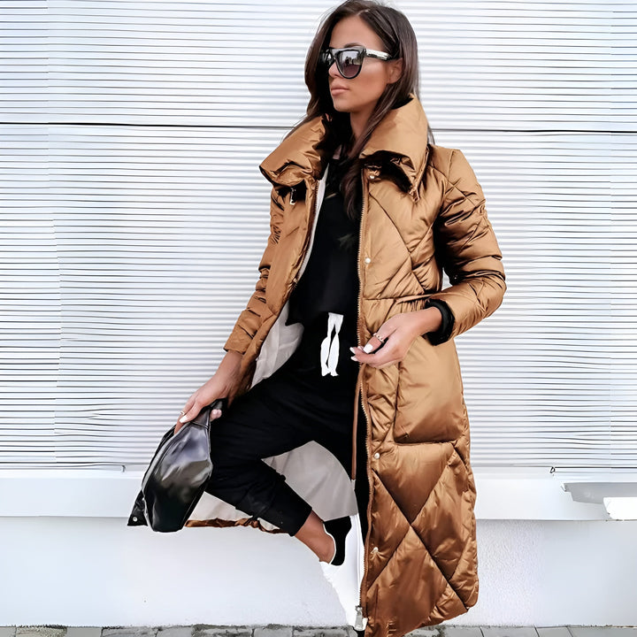 Elsa - Women's Long Quilted Coat with High Collar & Zip