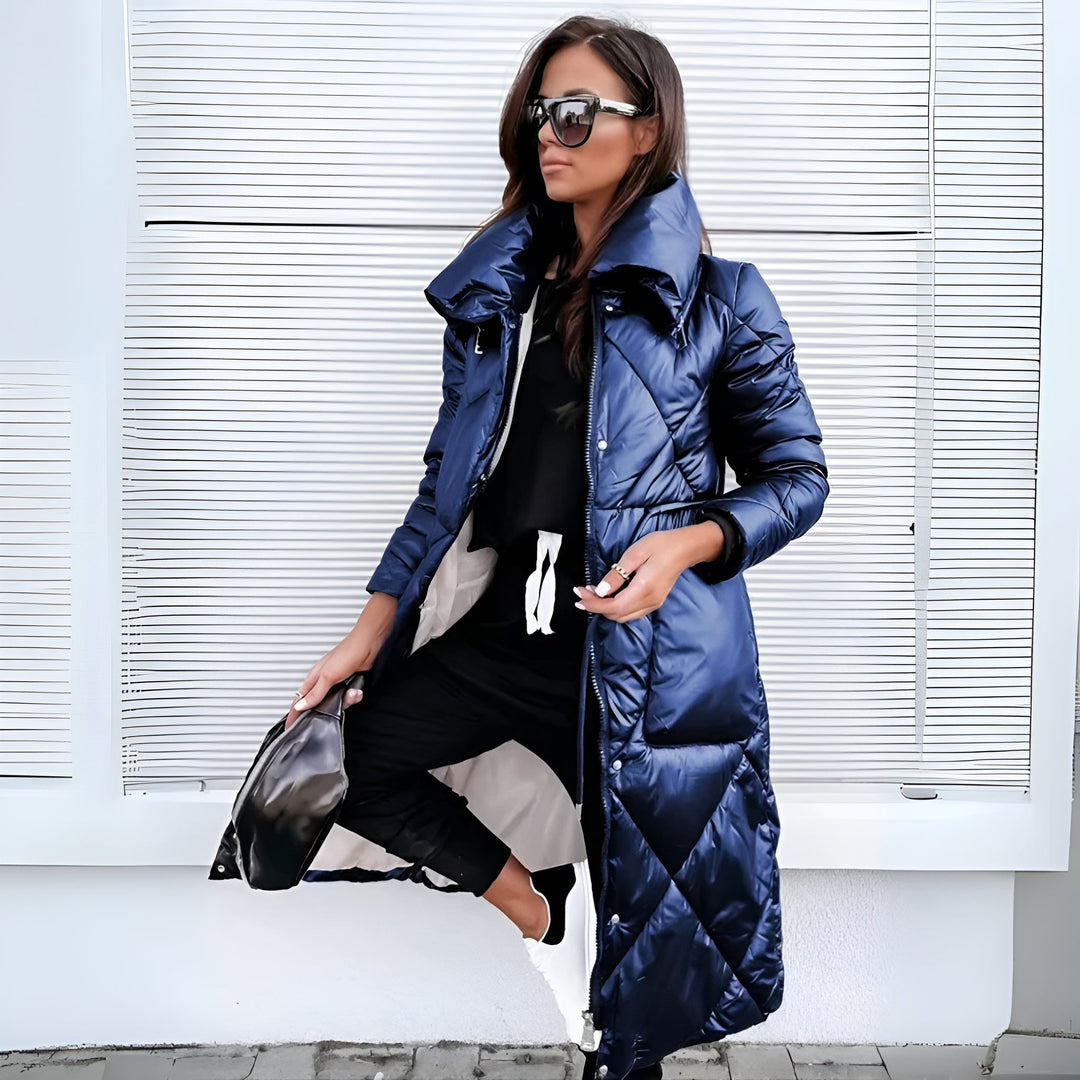 Elsa - Women's Long Quilted Coat with High Collar & Zip