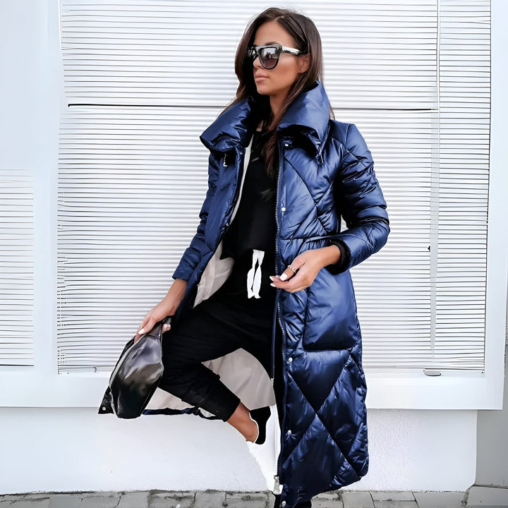 Elsa - Women's Long Quilted Coat with High Collar & Zip