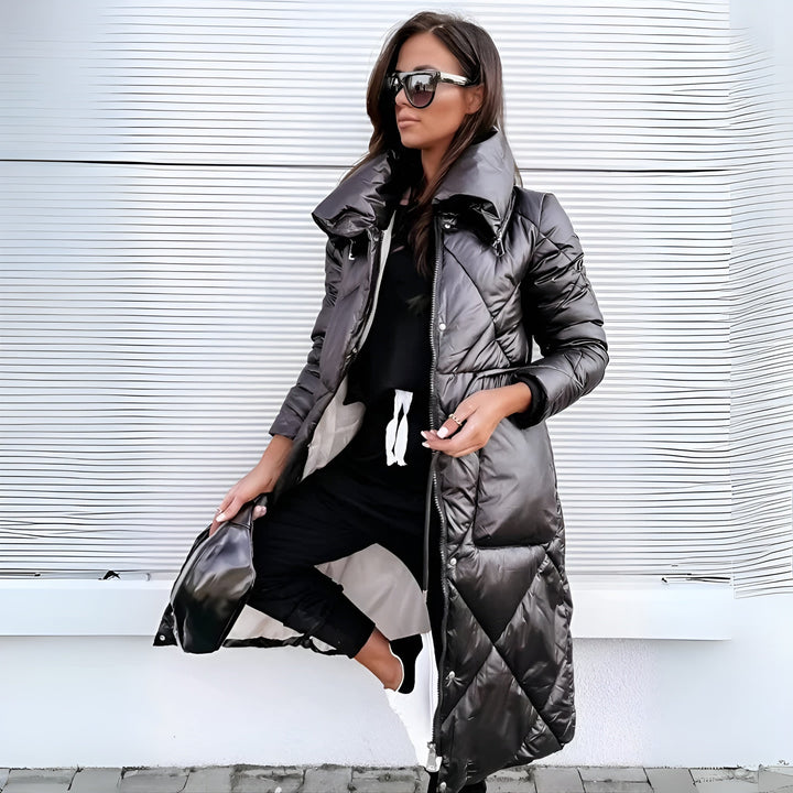 Elsa - Women's Long Quilted Coat with High Collar & Zip